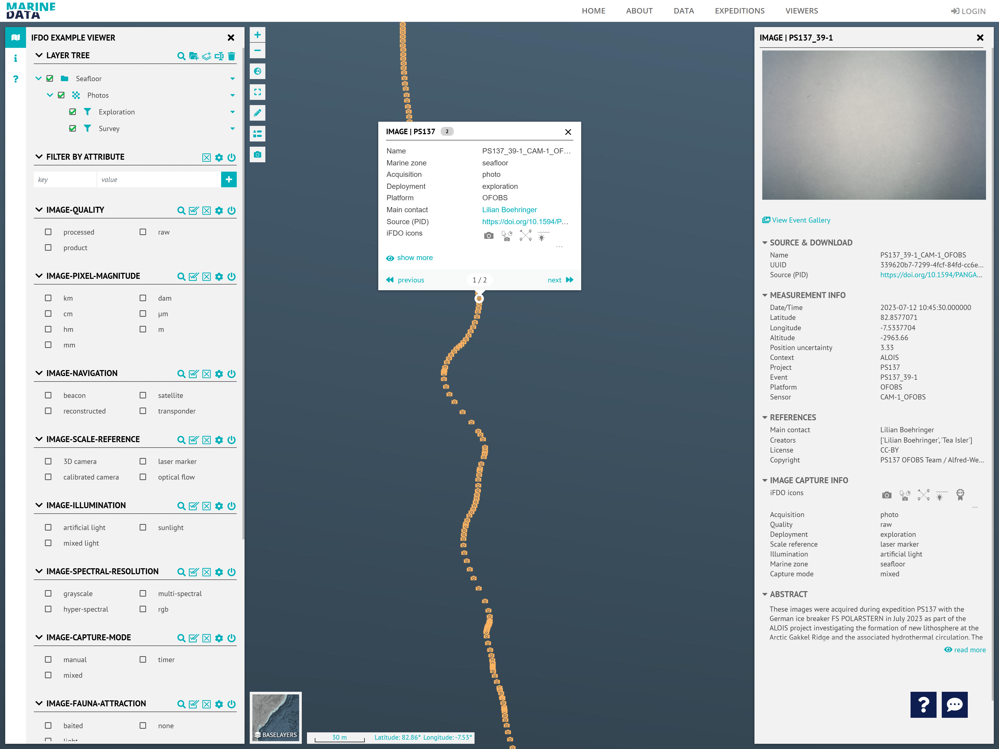 A screenshot of the iFDO viewer on the marine data portal showing images from the PS137 expedition on a map